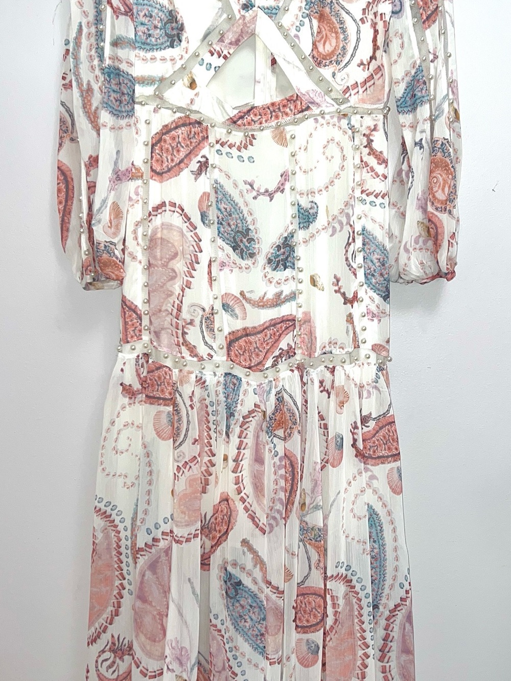 Women's White and Pink Paisley Cutout Maxi Dress with Pearls and Center Cutout